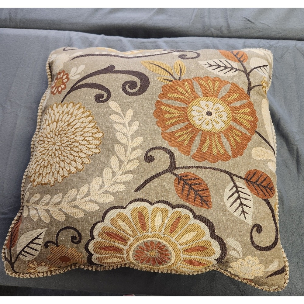 THROW PILLOW Boho Floral Striped Beige Yellow Orange Double Sided 19" x 19" x 5"